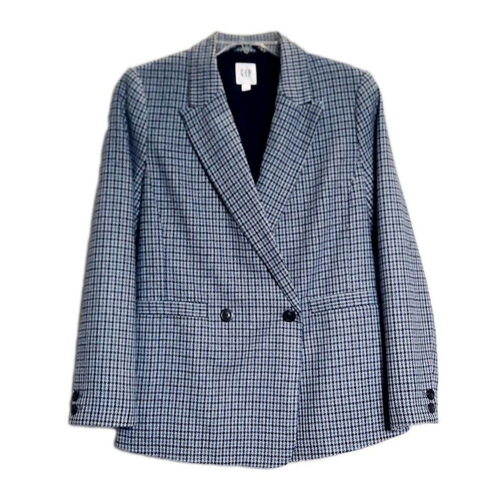 GAP Houndstooth Blazer Jacket Double Breasted Blue Gray White Tailored Preppy 6